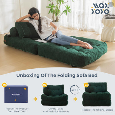 MAXYOYO Fuzzy Folding Sofa Bed, Convertible Sleeper Chair with Pillow Foldable Mattress with Back Support, Green