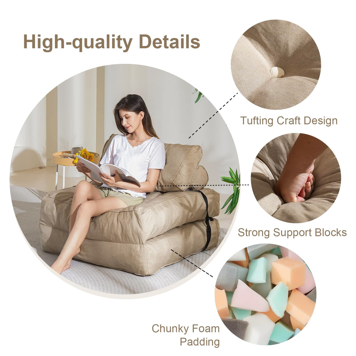 MAXYOYO Folding Couch Sofa Bed, Convertible Sleeper Chairs with Back Support and Pillow, Beige
