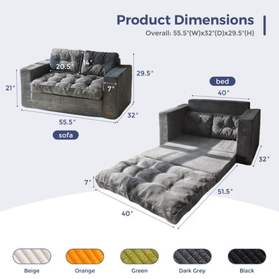 MAXYOYO Convertible Sofa Bed - Corduroy Convertible Floor Couch, Dark Grey