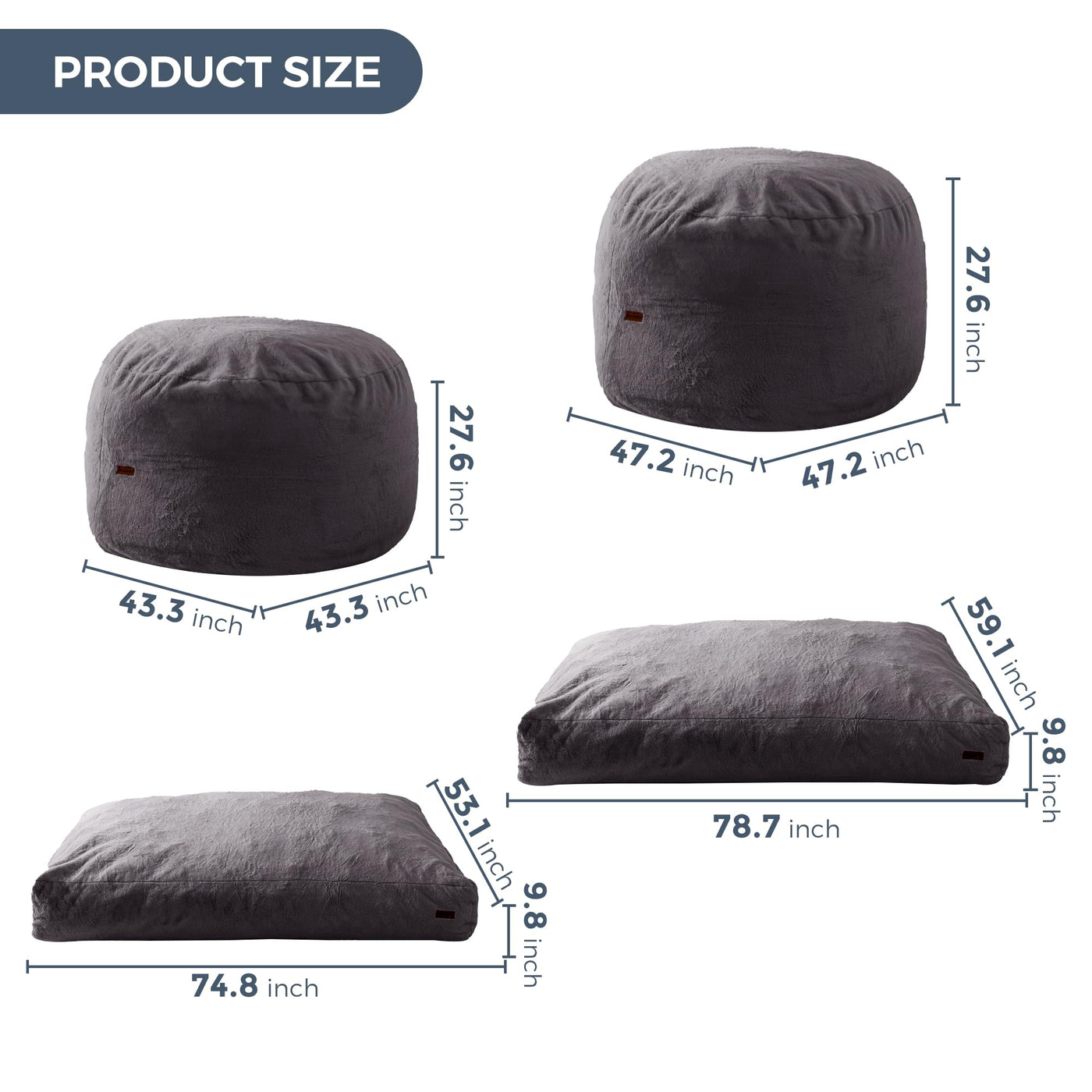 MAXYOYO Giant Bean Bag, Faux Fur Convertible Beanbag Folds from Lazy Chair to Floor Mattress Bed, Dark Grey