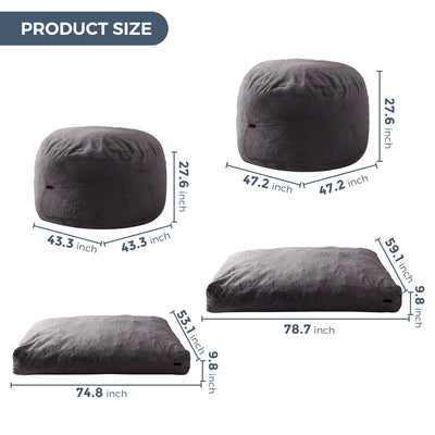 MAXYOYO Giant Bean Bag, Faux Fur Convertible Beanbag Folds from Lazy Chair to Floor Mattress Bed, Dark Grey