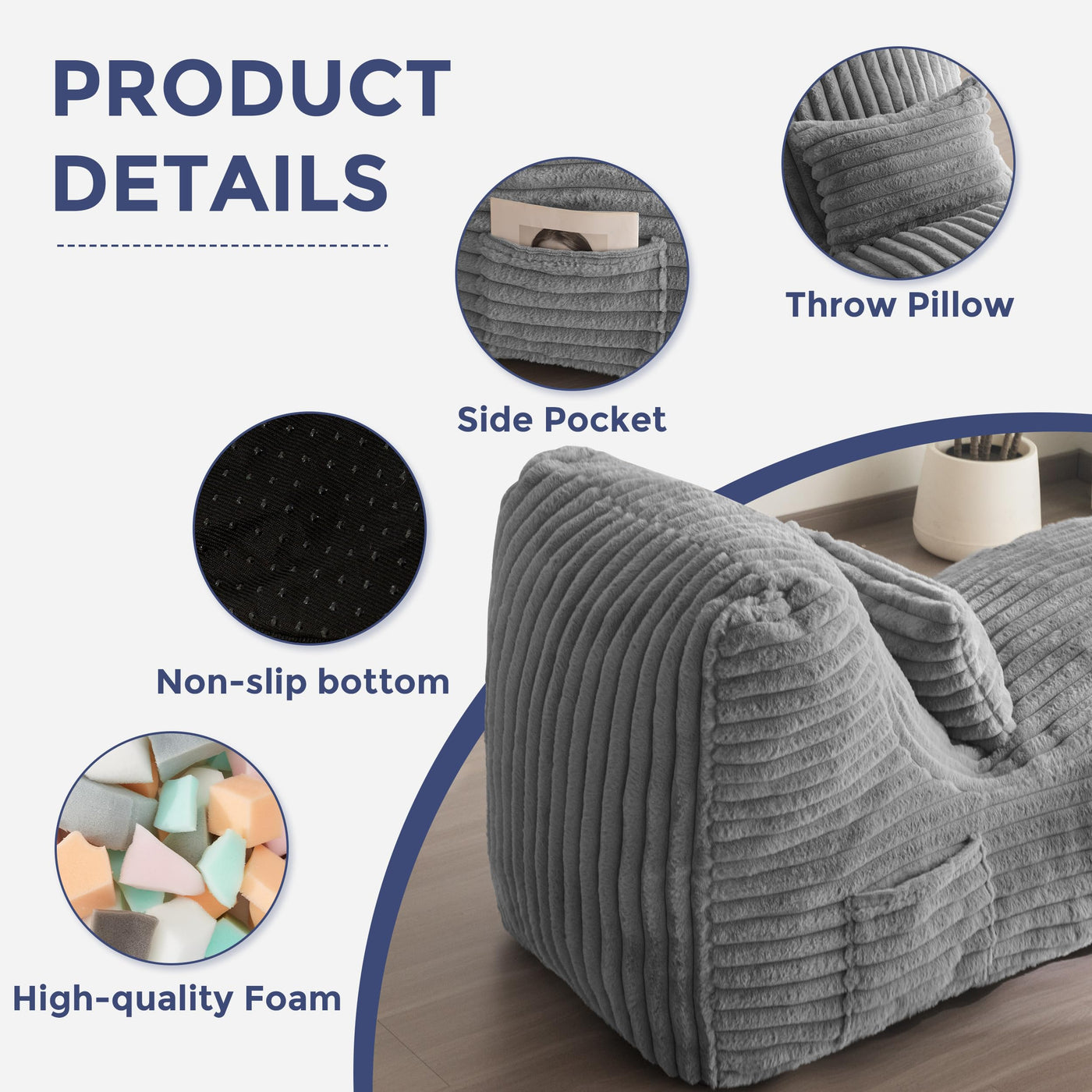 MAXYOYO Chaise Lounge with Pillow, Ergonomic Chaise Lounge Chair Indoor, Soft Fabric Velvet Floor Sofa, Fainting Couch for Bedroom Living Room, Grey