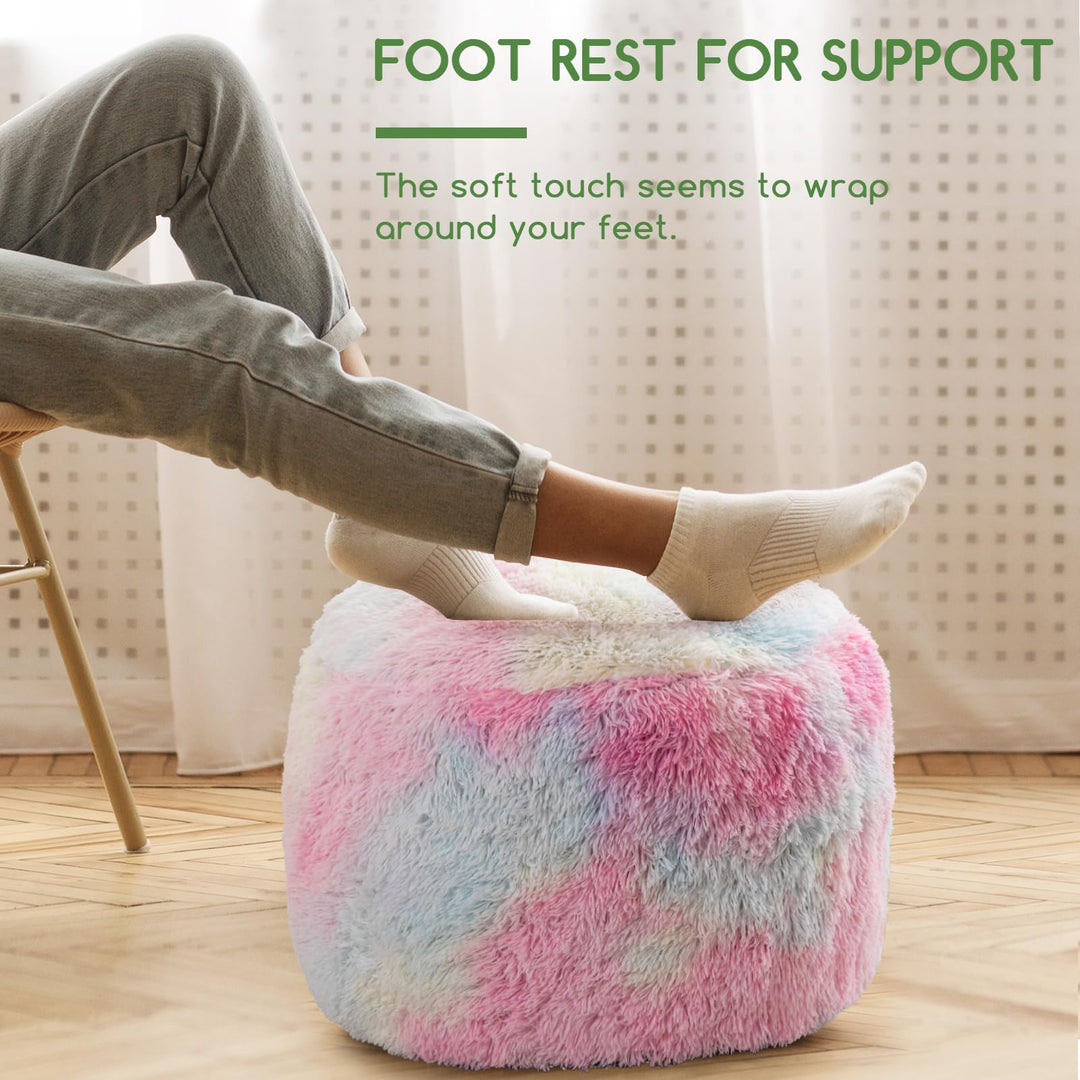 MAXYOYO Round Stuffed Pouf Ottoman, Long Faux Fur Poufs with