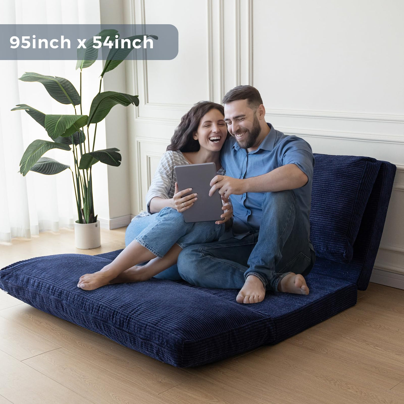 MAXYOYO Bean Bag Folding Sofa Bed with Corduroy Washable Cover, Extra Thick and Long Floor Sofa for Adults, Navy