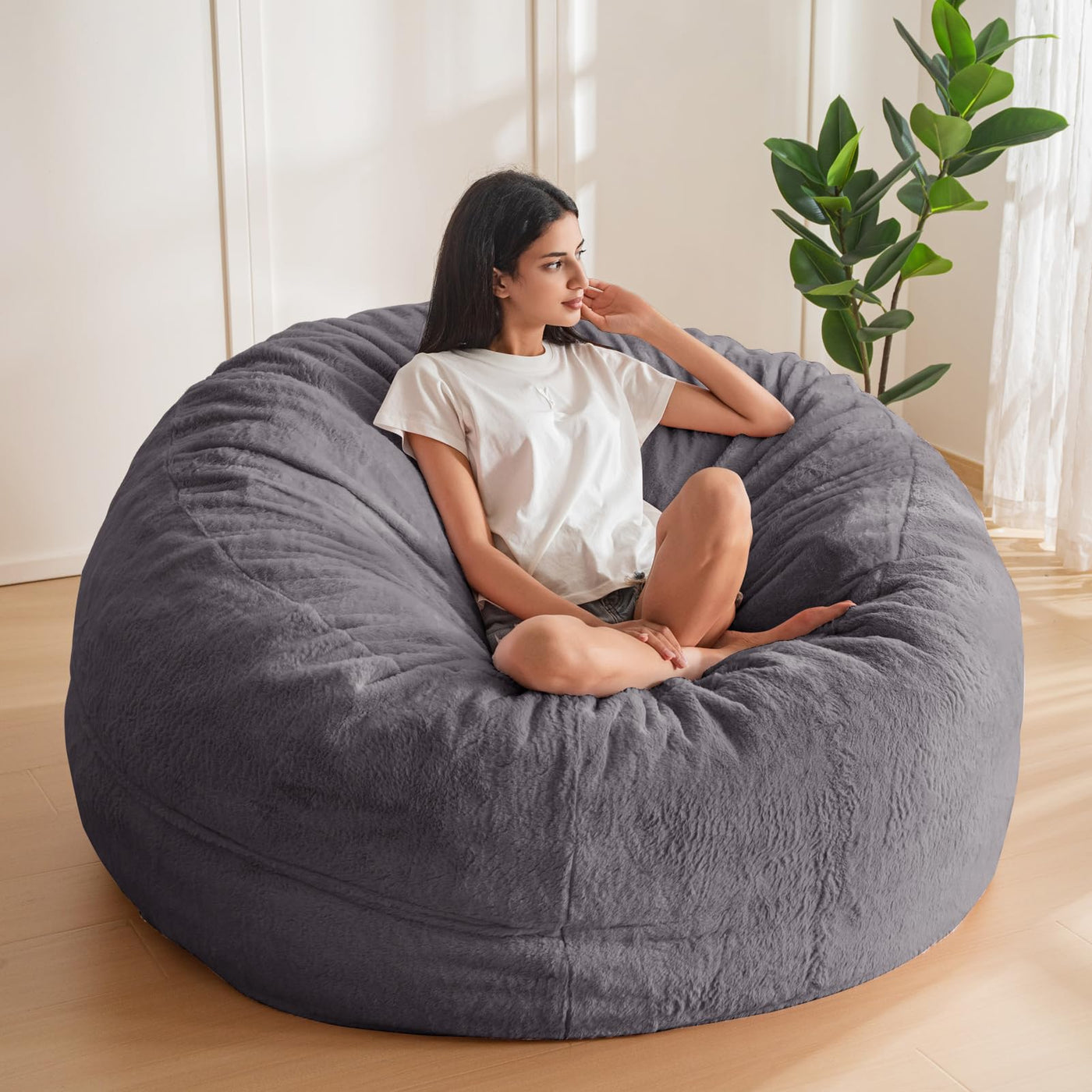 MAXYOYO Large Bean Bag Chair for Adults, Ultra Soft Fur Lazy Sofa with Foam Filling Living Room Bedroom, Darkgrey
