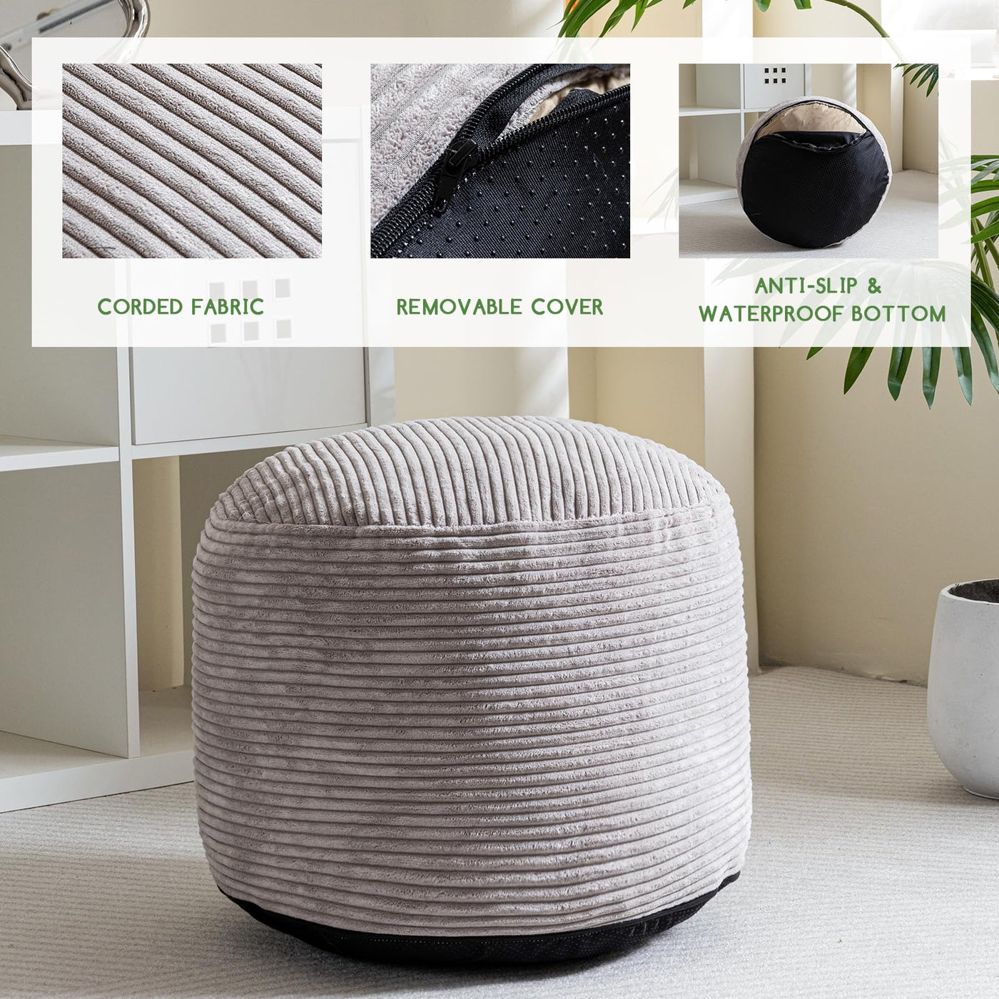 MAXYOYO Round Stuffed Pouf Ottoman, Corduroy Poufs with Foam Chunk Filling, 20 X 15In, Grey