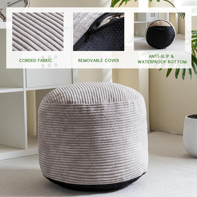 MAXYOYO Round Stuffed Pouf Ottoman, Corduroy Poufs with Foam Chunk Filling, 20 X 15In, Grey