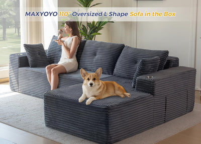 MAXYOYO 110" Modular Sectional Couch with L-Shape Chaise, Modern Couch for Living Room, Sofa in A Box, Upholstered Sofa Sleeper with Deep Seat, No Assembly Required, 2 Packages Included, Dark Grey