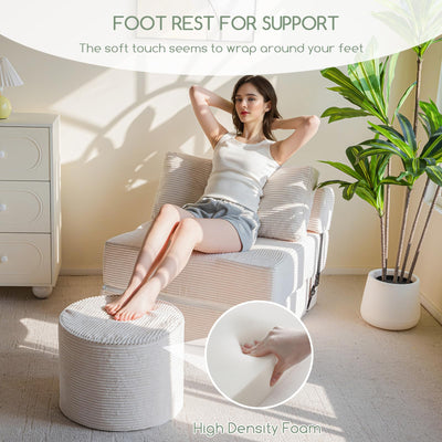 MAXYOYO Footstool, Corduroy Round Stuffed Pouf Ottoman High-Density Foam Filling, Beige