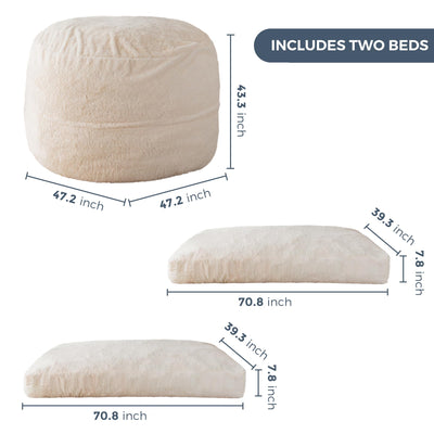 MAXYOYO Giant Bean Bag Chair Bed for Adults, Includes Two Beds, Convertible Beanbag Folds from Lazy Chair to Floor Mattress Bed, Big Sofa Bed, High-Density Foam Filling, Machine Washable, Beige
