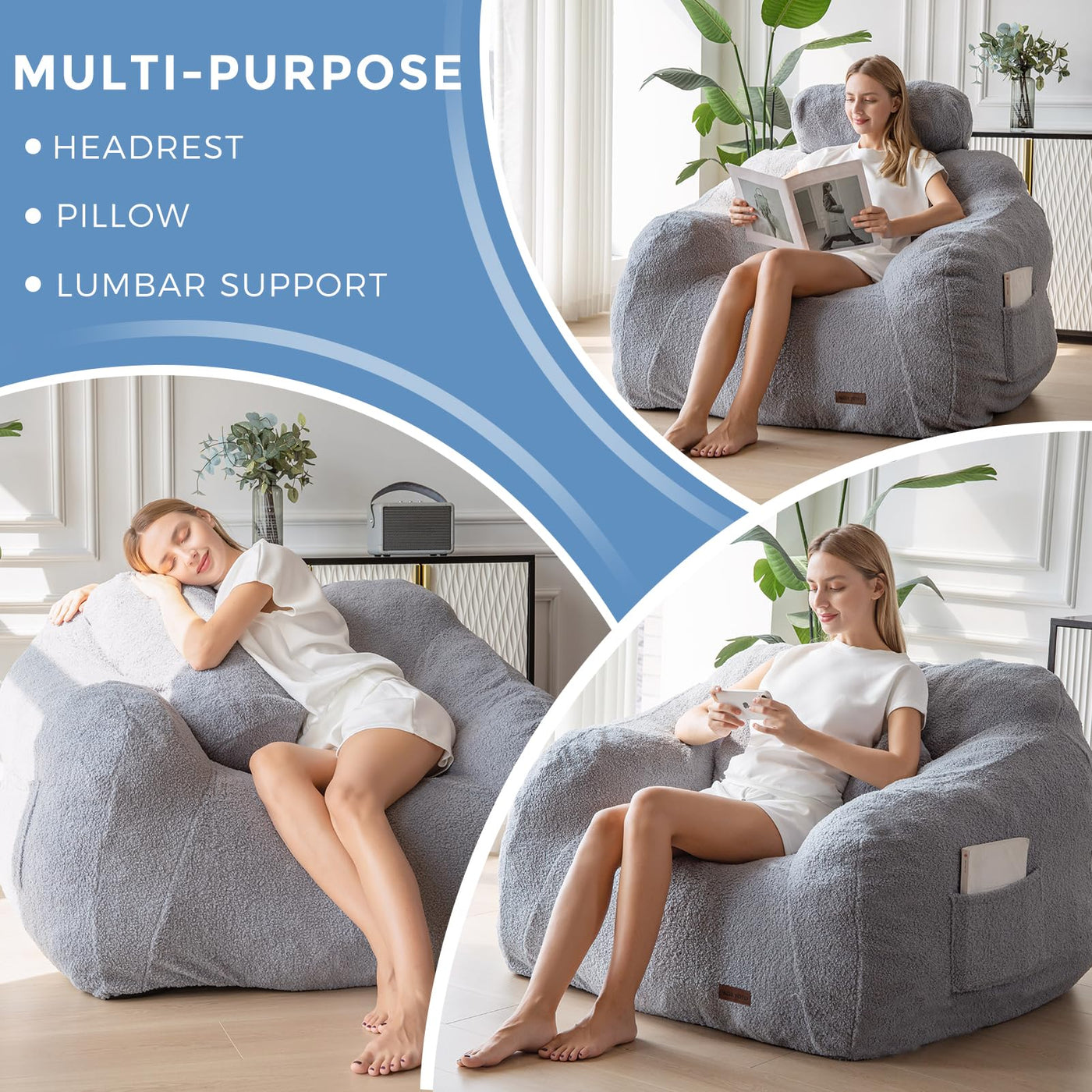 MAXYOYO Giant Bean Bag Chair with Pillow, Fuzzy Comfy Large Bean Bag Chair Couch for Reading and Gaming, Grey