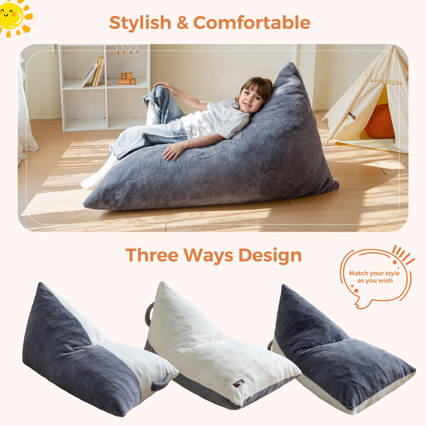 MAXYOYO Kids Bean Bag Chair - 2-Tone Handle Design, High-Density Foam Floor Lounger, Grey & White