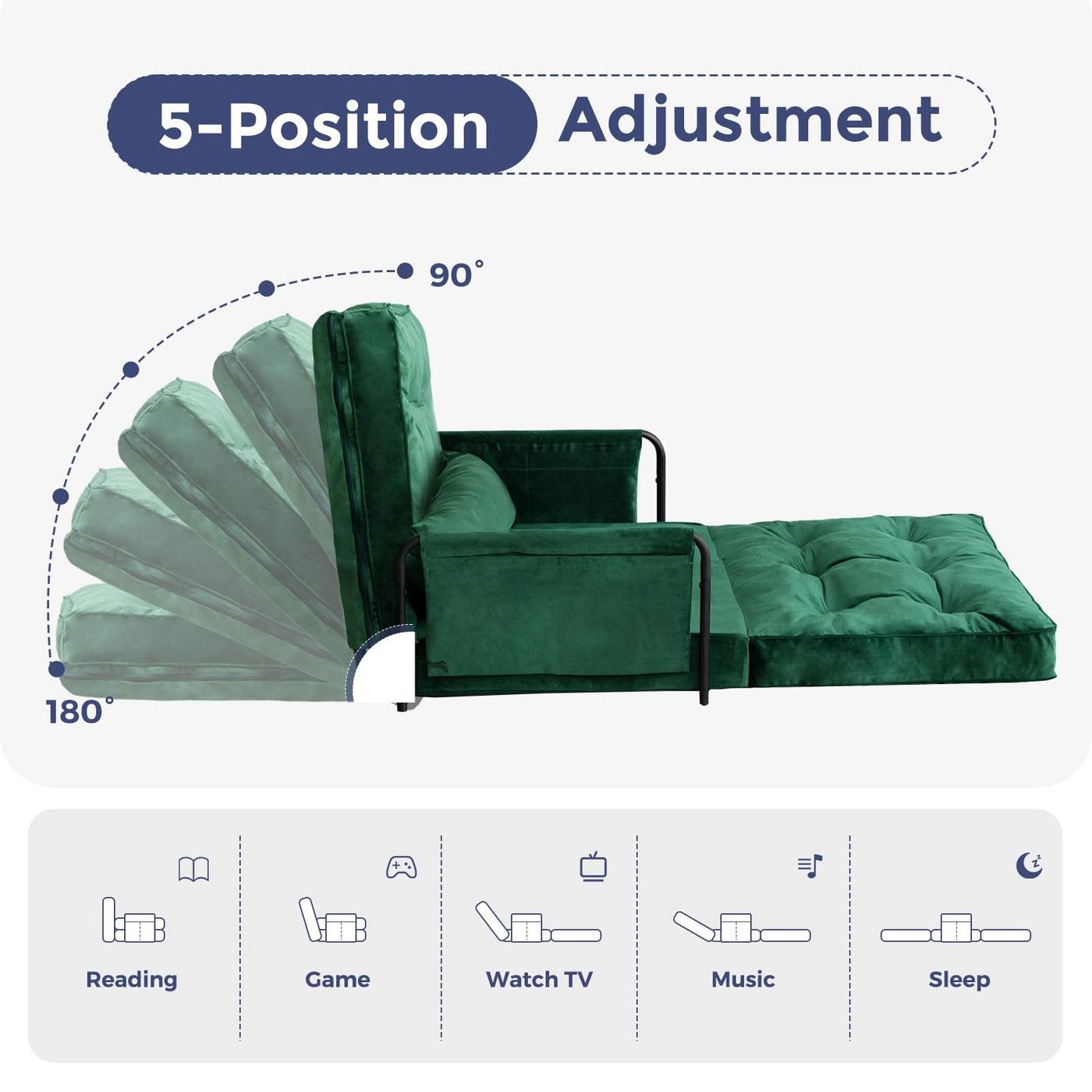 MAXYOYO Adjustable Floor Sofa Couch, Velvet Convertible Lazy Sofa Sleeper Bed with Pillow and Armrest, Single, Green
