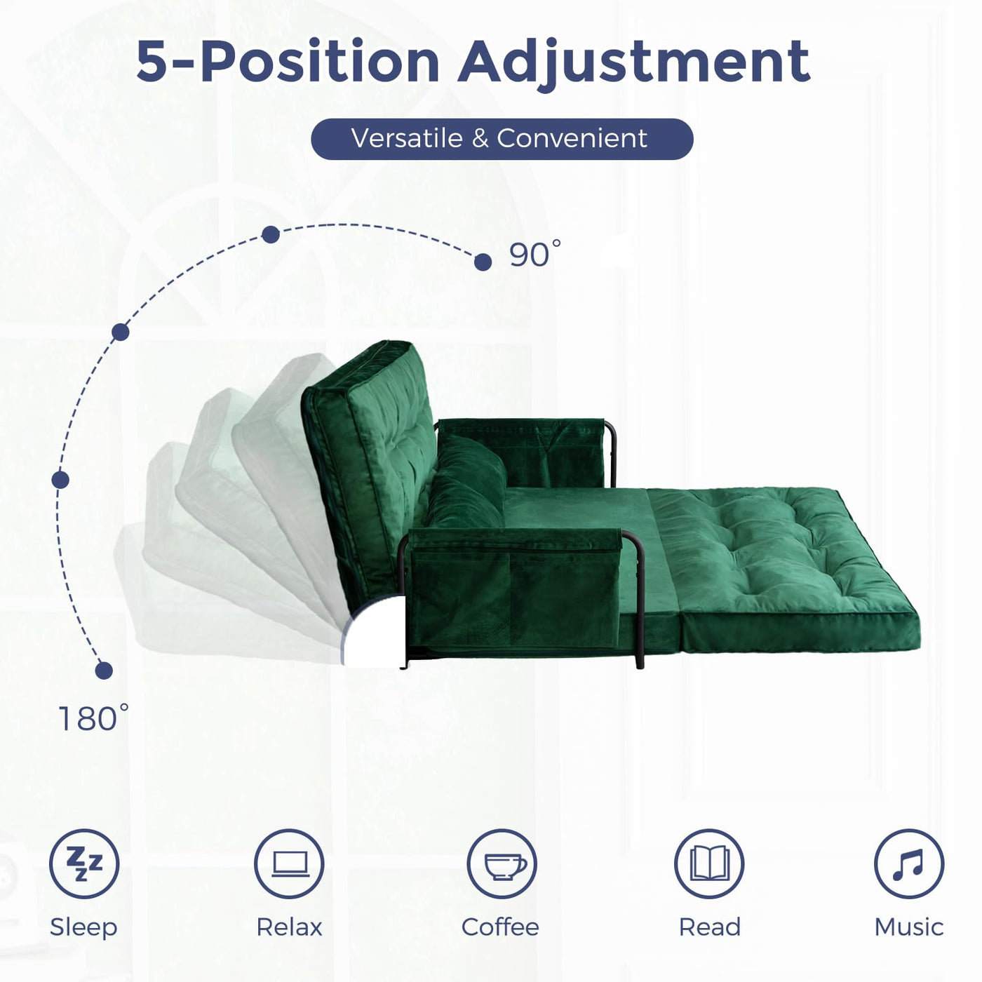 MAXYOYO Adjustable Floor Sofa Couch, Velvet Convertible Lazy Sofa Sleeper Bed with Pillows and Armrest, Double, Green