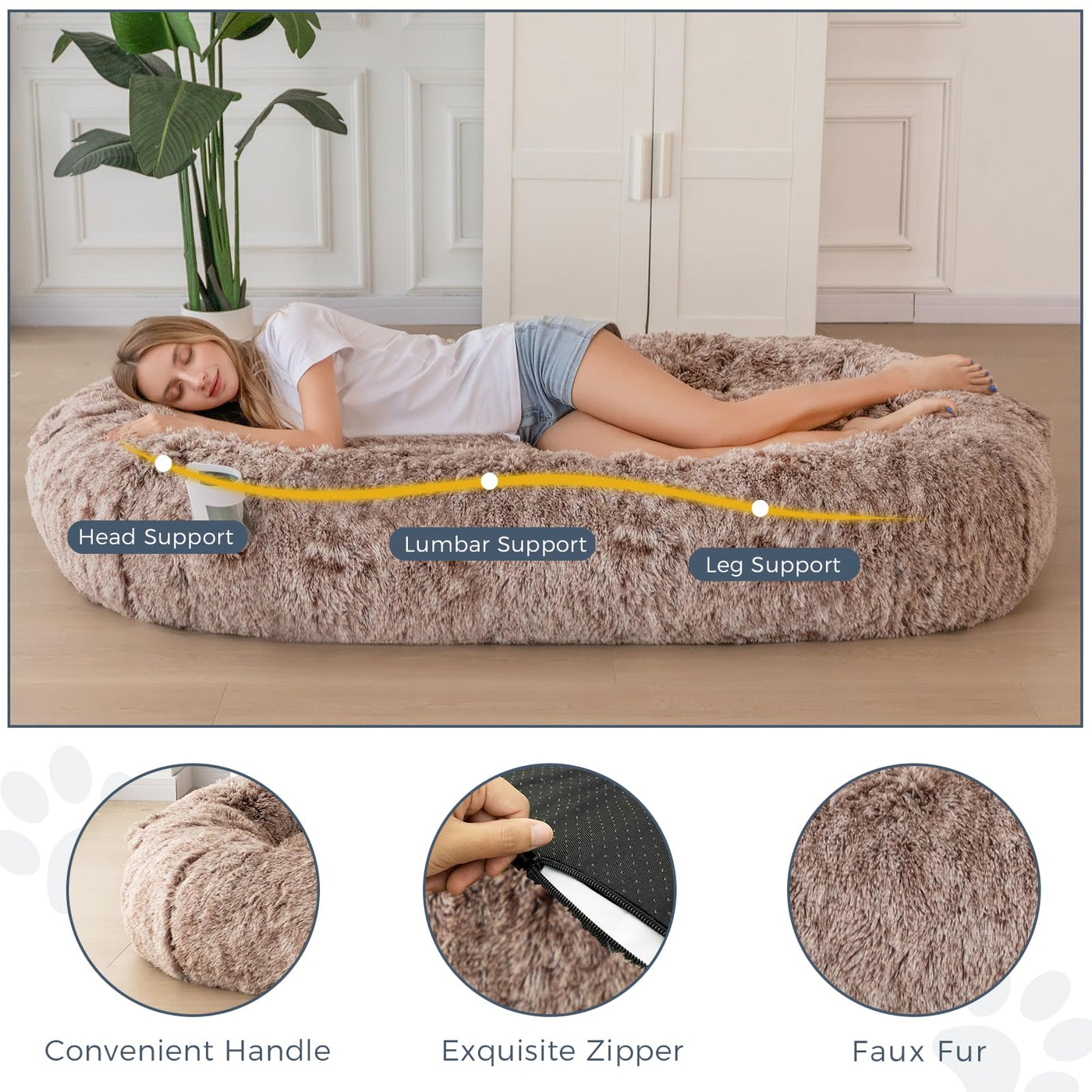 MAXYOYO Human Dog Bed, Long Faux Fur Giant Bean Bag Bed for Humans and Pets, Faux Fur Coffee