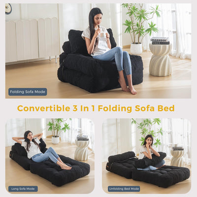 MAXYOYO Fuzzy Folding Sofa Bed, Convertible Sleeper Chair with Pillow Foldable Mattress with Back Support, Black