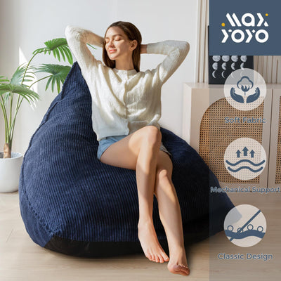 MAXYOYO Corduroy Bean Bag Chairs for Adult, Bean Bag Couch with Filler, Soft Lazy Sofa 43"x41"x35", Navy