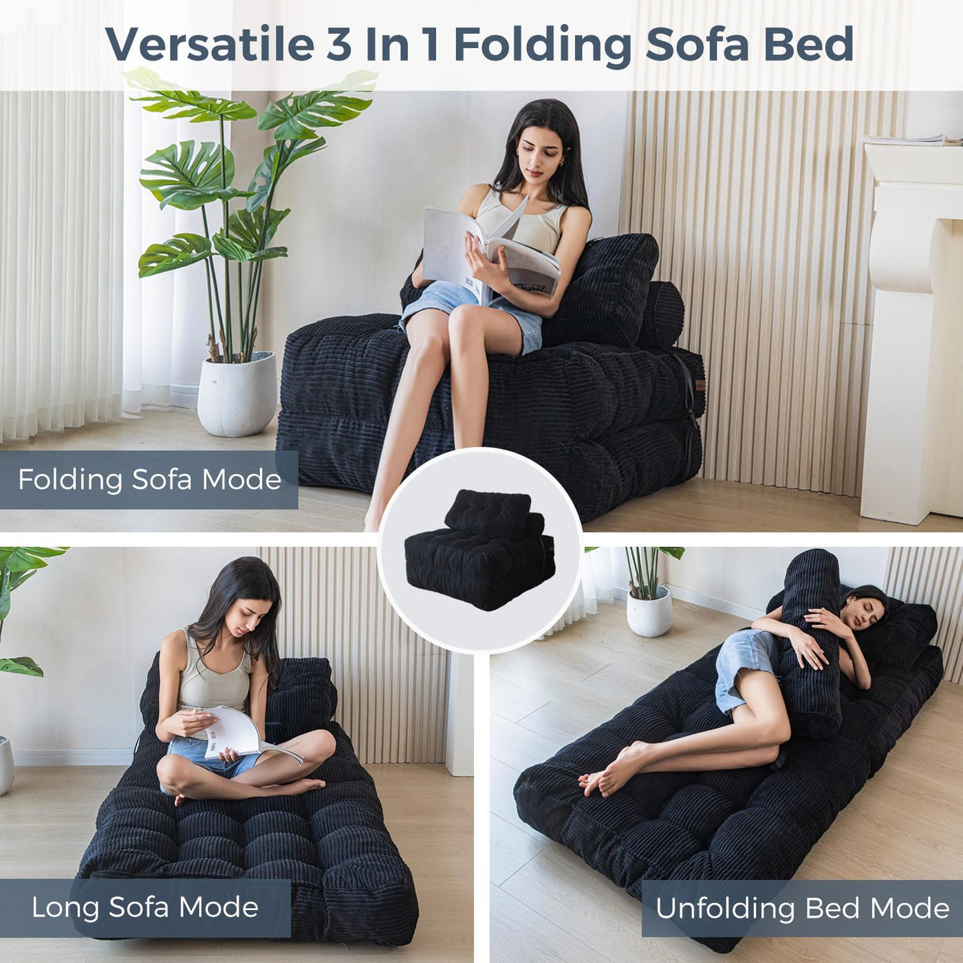 MAXYOYO Folding Sofa Bed, Convertible Sleeper Chair with Pillow Foldable Mattress with Back Support, Portable Fold Out Chair Bed Comfy Floor Sofa Lounge for Living Room Bedroom, Black