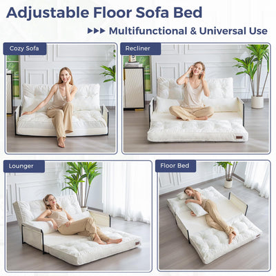 MAXYOYO Adjustable Floor Sofa Couch, Velvet Convertible Lazy Sofa Sleeper Bed with Pillows and Armrest, Double, Beige