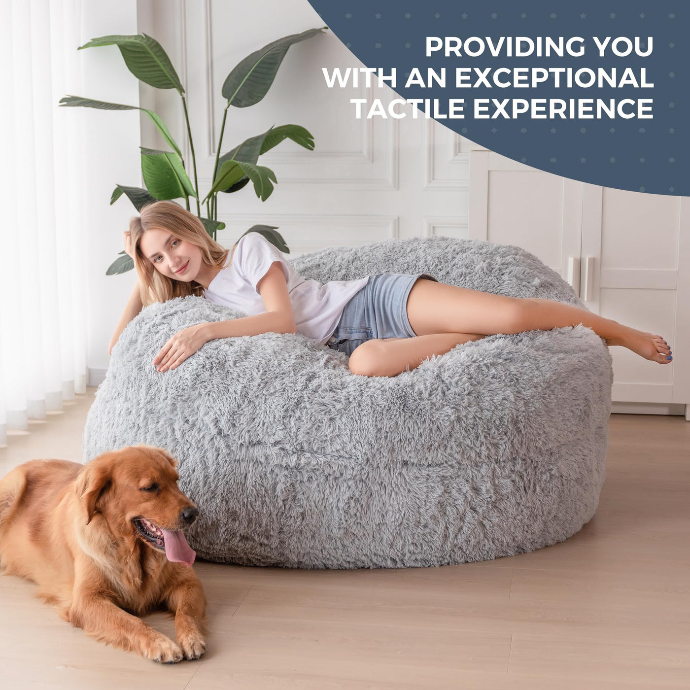 MAXYOYO Giant Bean Bag, Faux Fur Convertible Beanbag Folds from Lazy Chair to Floor Mattress Bed,Grey