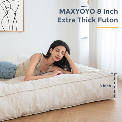 MAXYOYO 8" Thick Futons Sofa Couch Bed, Velvet Tufting Futon Mattress for Adults (Mattress Only), Beige