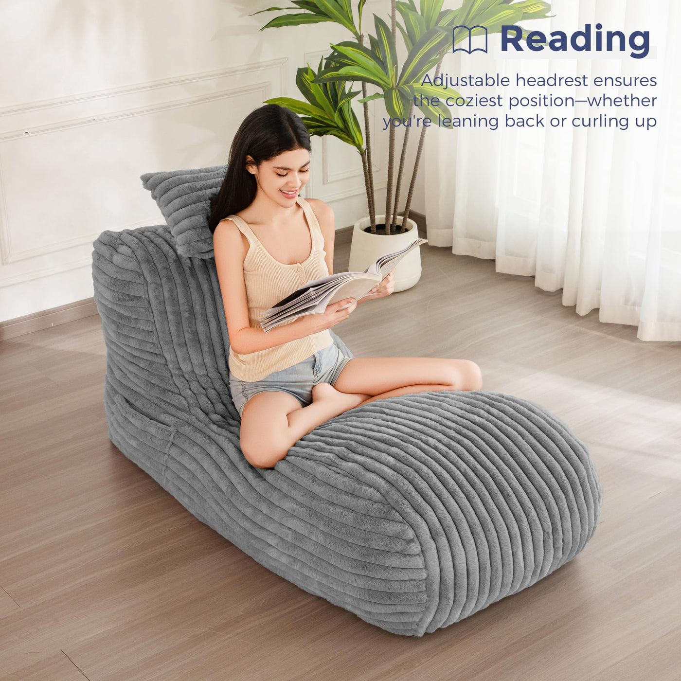 MAXYOYO Chaise Lounge with Pillow, Ergonomic Chaise Lounge Chair Indoor, Soft Fabric Velvet Floor Sofa, Fainting Couch for Bedroom Living Room, Grey