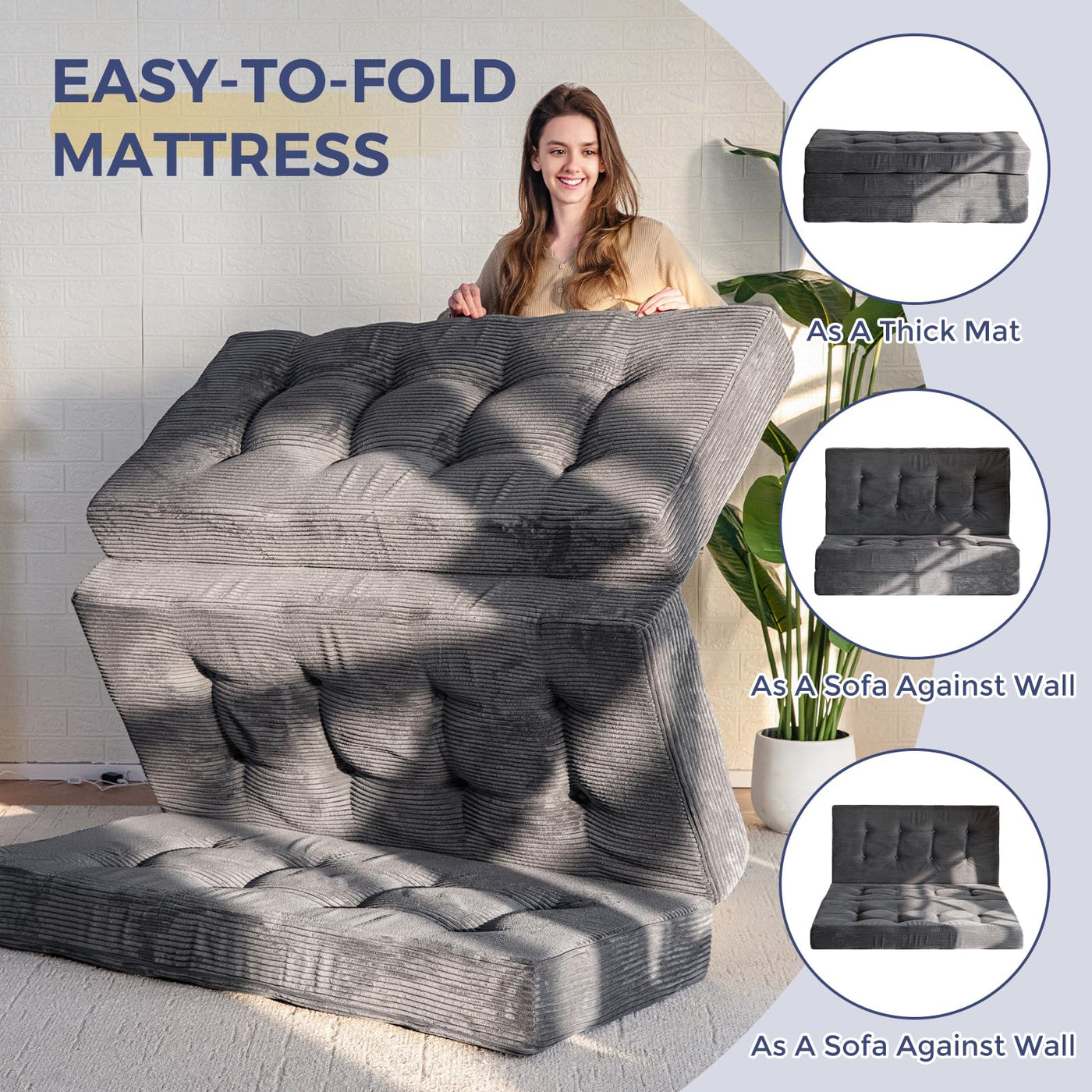 MAXYOYO Tri-Fold Mattress, 6 Inch Tufted Folding Mattress Full Foam Bed with Corded Fabric, Dark Grey