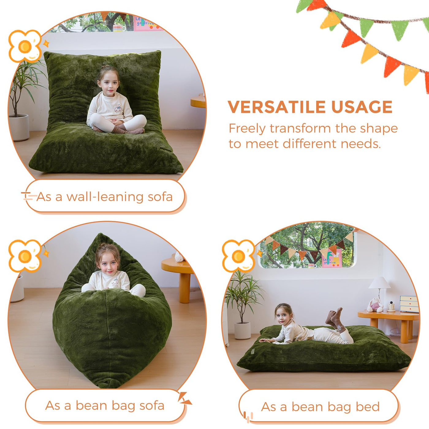 MAXYOYO 3 in 1 Kids Bean Bag Chair Bed, Faux Fur Child Floor Sofa for Gaming, Reading (Green)