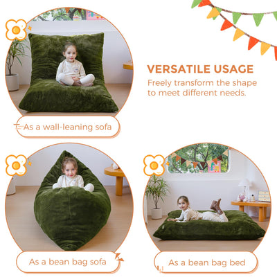MAXYOYO 3 in 1 Kids Bean Bag Chair Bed, Faux Fur Child Floor Sofa for Gaming, Reading (Green)
