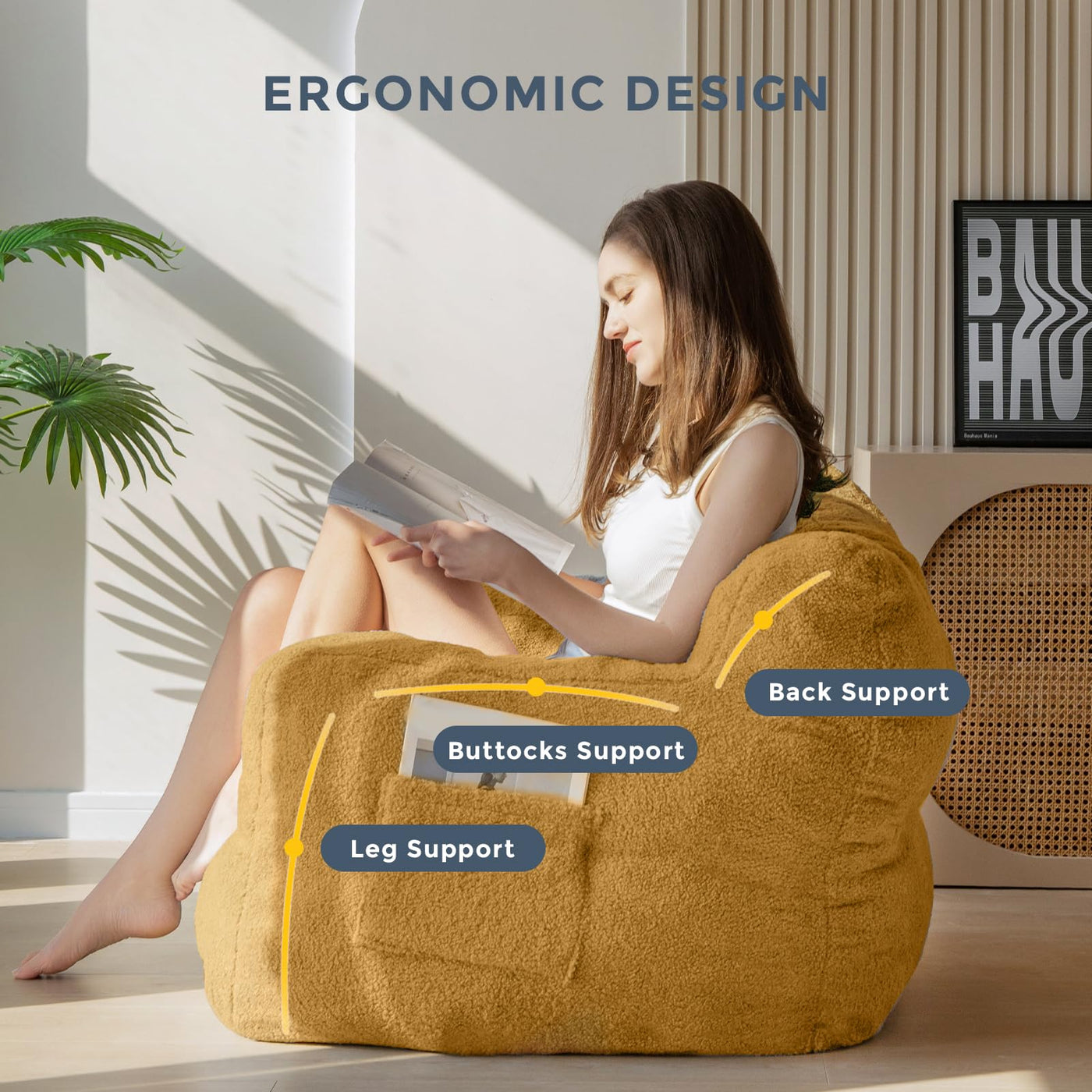 MAXYOYO Sherpa Bean Bag Chair, Boucle Tufted Bean Bag Couch, Living Room Bean Bag Lazy Sofa for Adults Kids, Yellow