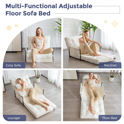 MAXYOYO Adjustable Floor Sofa Couch, Velvet Convertible Lazy Sofa Sleeper Bed with Pillow and Armrest, Single, Beige