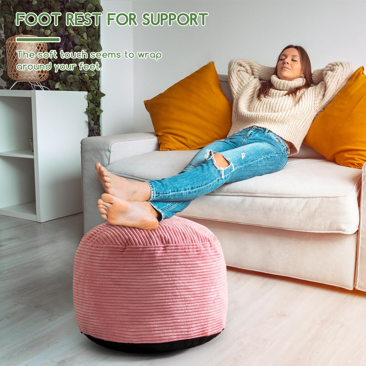 MAXYOYO Round Stuffed Pouf Ottoman, Corduroy Poufs with Foam Chunk Filling, 20 X 15In, Pink