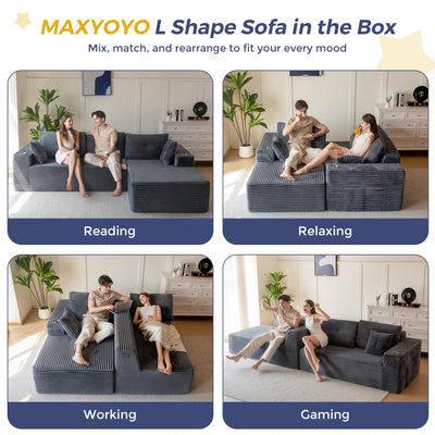 MAXYOYO 110" Modular Sectional Couch with L-Shape Chaise, Modern Couch for Living Room, Sofa in A Box, Upholstered Sofa Sleeper with Deep Seat, No Assembly Required, 2 Packages Included, Dark Grey