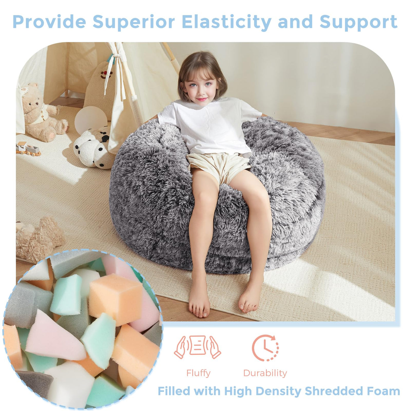 MAXYOYO Bean Bag Chair Bed for Kids, Plush Convertible Bean Bag Folds from Chair to Floor Mattress, Black