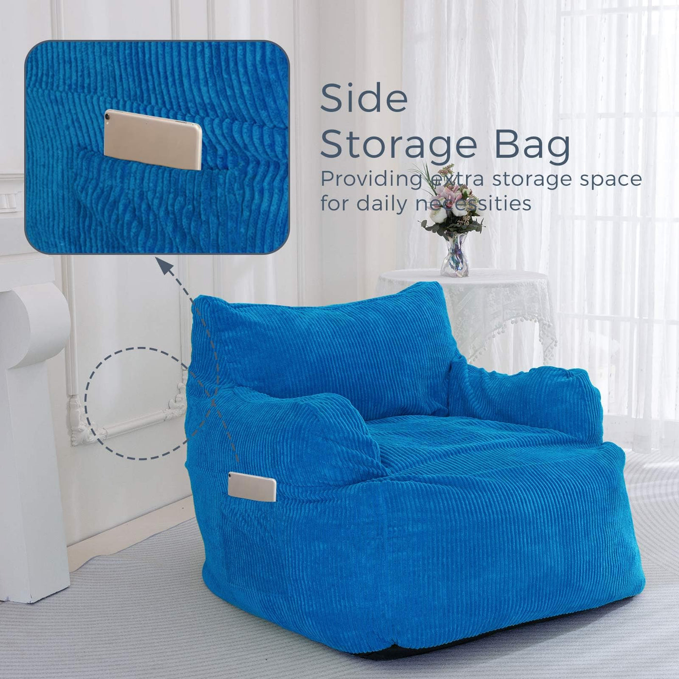 MAXYOYO Giant Bean Bag Chair, Stuffed Bean Bag Couch with Armrests for Living Room, Blue