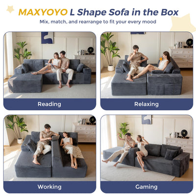 MAXYOYO 110" Modular Sectional Couch with L-Shape Chaise, Modern Couch for Living Room, Sofa in A Box, Upholstered Sofa Sleeper with Deep Seat, No Assembly Required, 2 Packages Included, Dark Grey