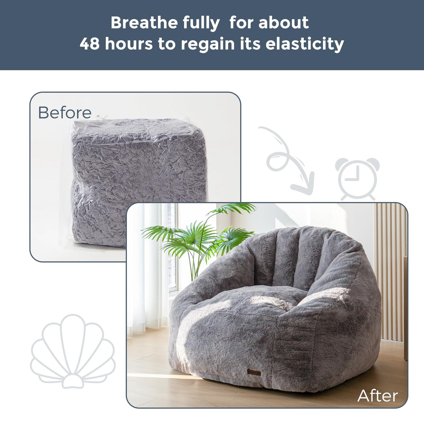 MAXYOYO Giant Bean Bag Chair, Faux Fur Shell-Shaped Oversized Bean Bag Chair with Filler for Gaming, Reading (Dark Grey)