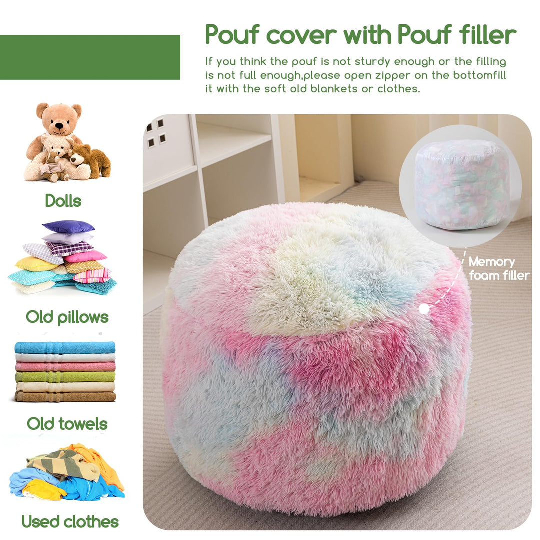 MAXYOYO Round Stuffed Pouf Ottoman, Long Faux Fur Poufs with