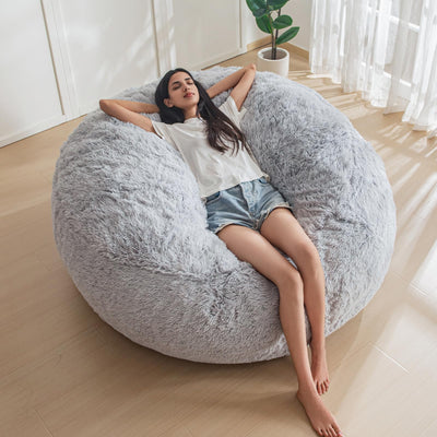 MAXYOYO Large Bean Bag Chair, Faux Fur Lazy Sofa for Living Room Bedroom, Grey