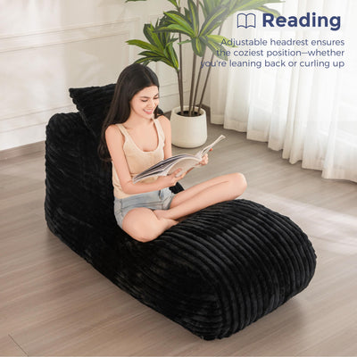 MAXYOYO Chaise Lounge with Pillow, Ergonomic Chaise Lounge Chair Indoor, Soft Fabric Velvet Floor Sofa, Fainting Couch for Bedroom Living Room, Black