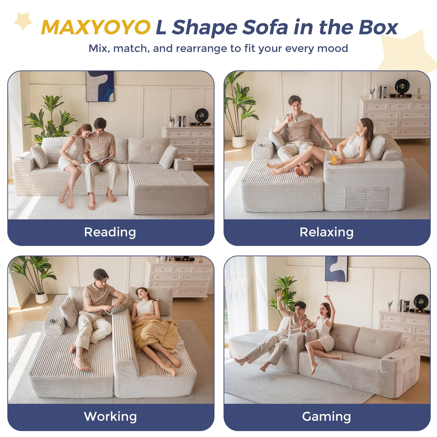 MAXYOYO 110" Modular Sectional Couch with L-Shape Chaise, Modern Couch for Living Room, Sofa in A Box, Upholstered Sofa Sleeper with Deep Seat, No Assembly Required, 2 Packages Included, Grey