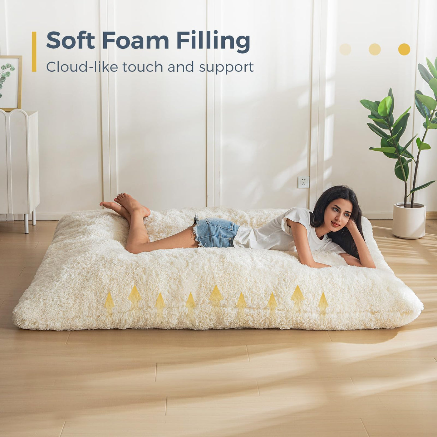 MAXYOYO 3 in 1 Bean Bag Chair, Giant Bean Bag Sofa Bed, Floor Mattress with High-Density Foam Filling, White