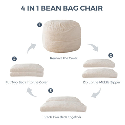 MAXYOYO Giant Bean Bag Chair Bed for Adults, Includes Two Beds, Convertible Beanbag Folds from Lazy Chair to Floor Mattress Bed, Big Sofa Bed, High-Density Foam Filling, Machine Washable, Beige