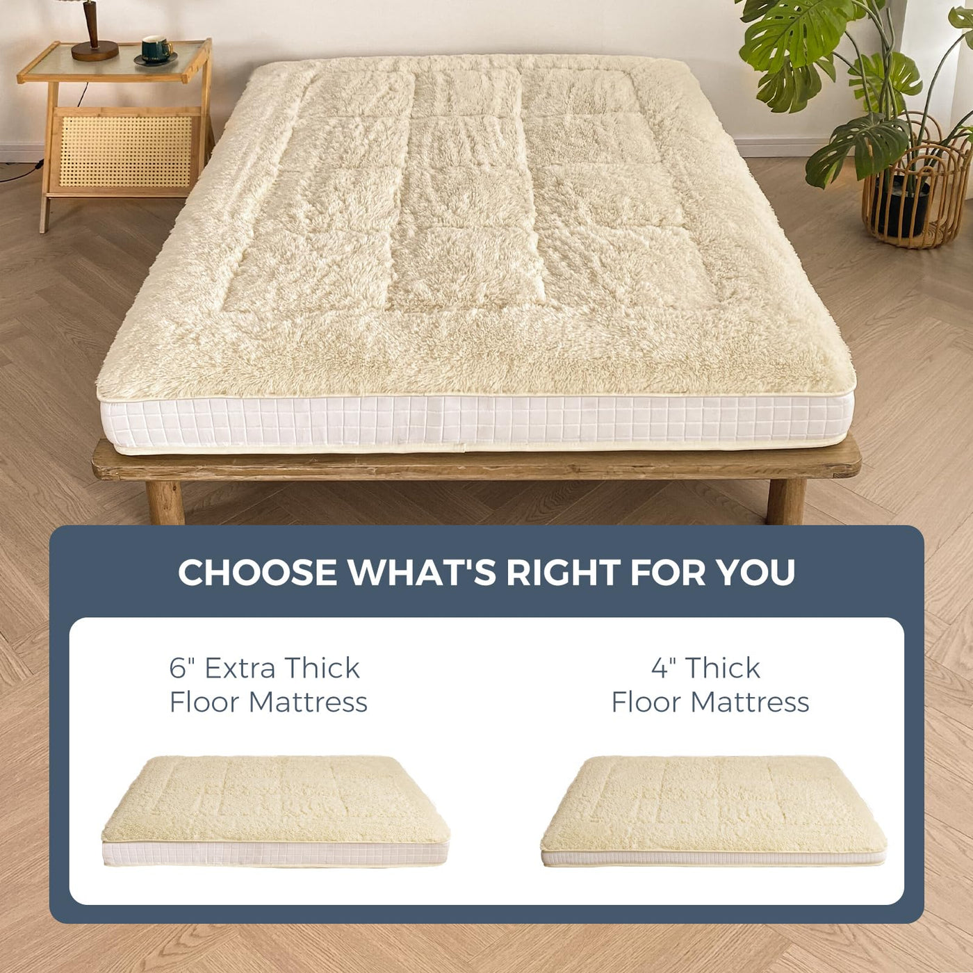 MAXYOYO 6" Extra Thick Fluffy Floor Futon Mattress, Long Plush Square Quilted Floor Mattress for Adults, Beige