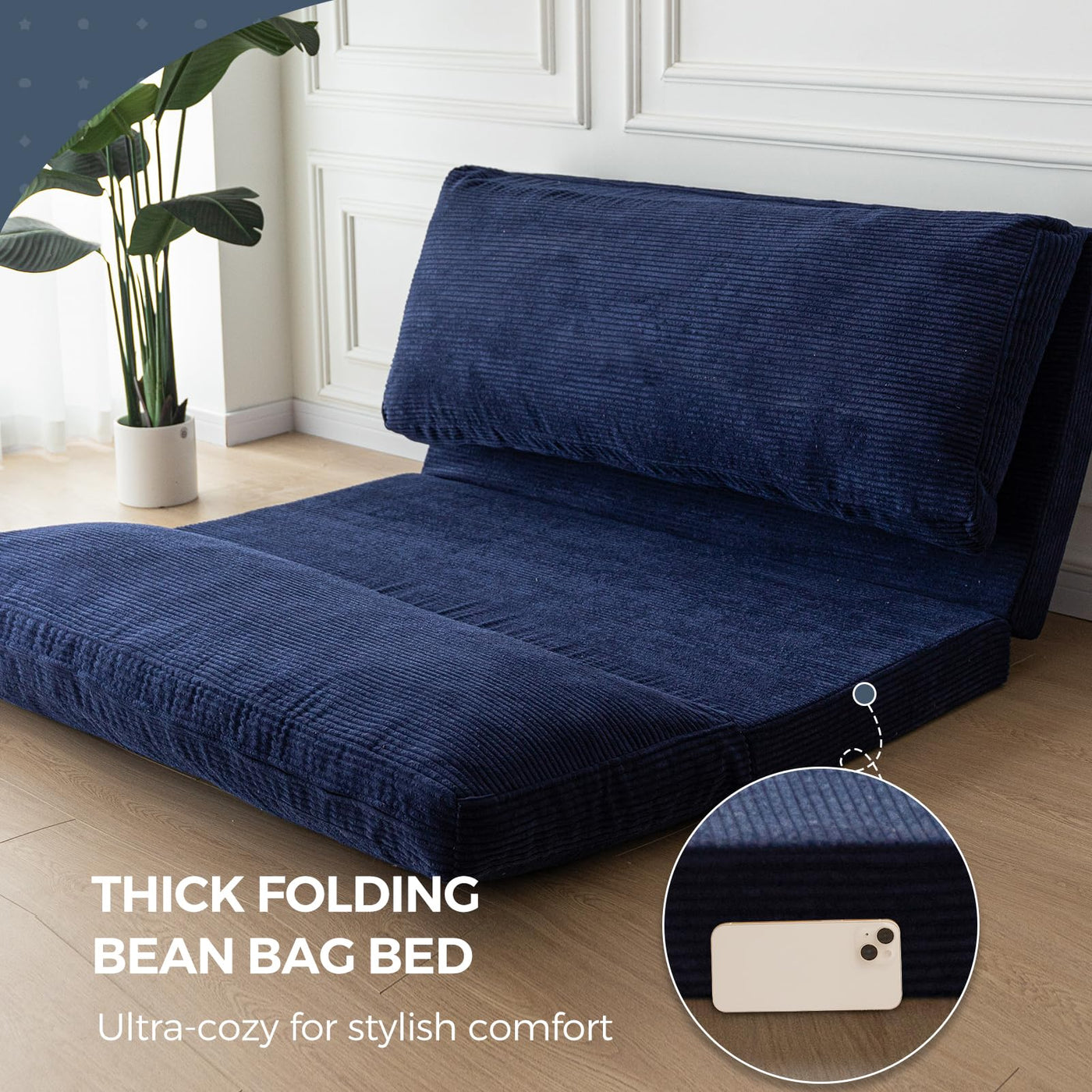 MAXYOYO Bean Bag Folding Sofa Bed with Corduroy Washable Cover, Extra Thick and Long Floor Sofa for Adults, Navy