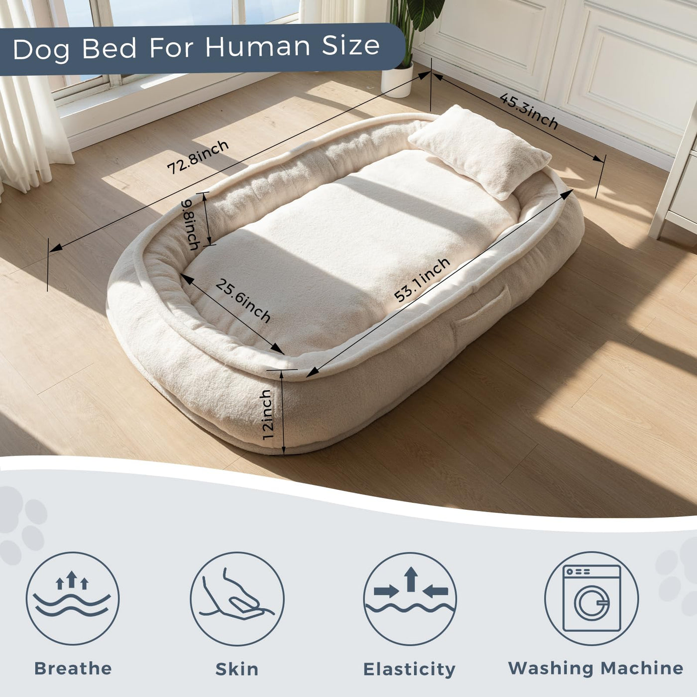MAXYOYO Human Dog Bed with Pillow, Giant Bean Bag Bed for Adults, Beige, 72.8"x45.3"x12"