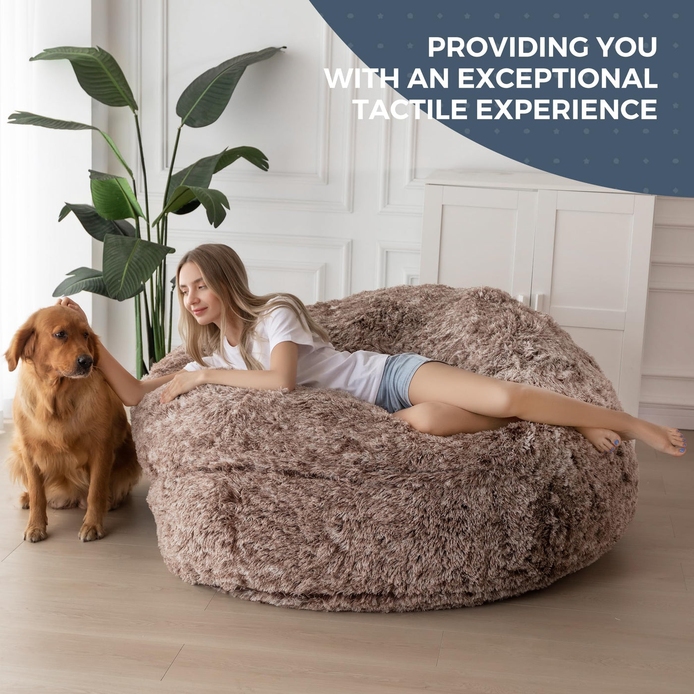 MAXYOYO Giant Bean Bag, Faux Fur Convertible Beanbag Folds from Lazy Chair to Floor Mattress Bed,Coffee