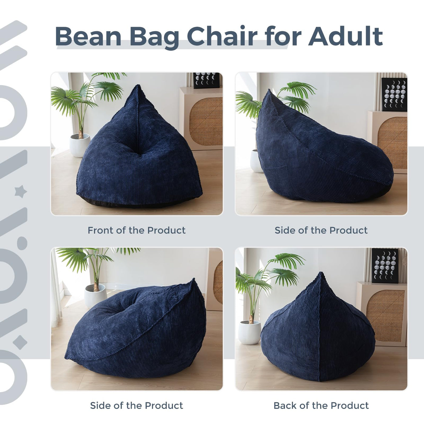 MAXYOYO Corduroy Bean Bag Chairs for Adult, Bean Bag Couch with Filler, Soft Lazy Sofa 43"x41"x35", Navy