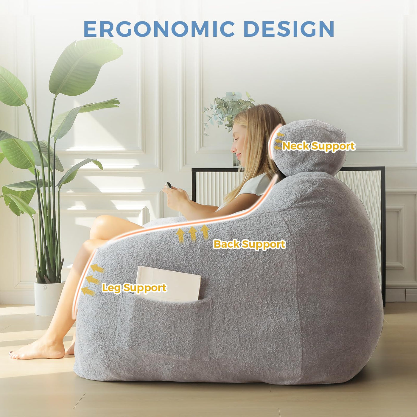 MAXYOYO Giant Bean Bag Chair with Pillow, Fuzzy Comfy Large Bean Bag Chair Couch for Reading and Gaming, Grey