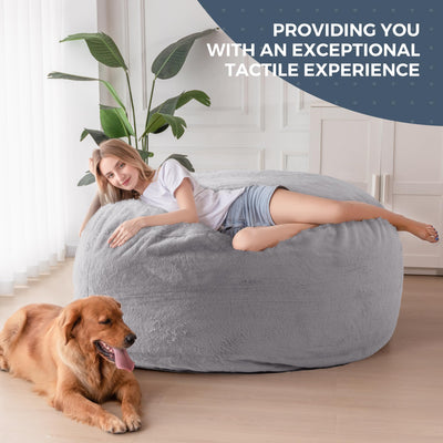 MAXYOYO Giant Bean Bag, Faux Fur Convertible Beanbag Folds from Lazy Chair to Floor Mattress Bed, Light Grey